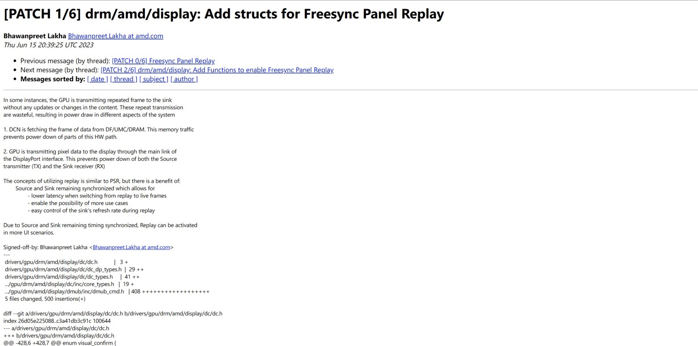 AMD 提交 FreeSync Panel Replay 技术，可令锐龙笔记本在屏幕内容不变时降低功耗